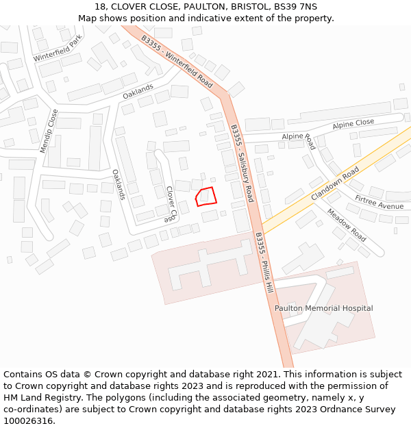 18, CLOVER CLOSE, PAULTON, BRISTOL, BS39 7NS: Location map and indicative extent of plot