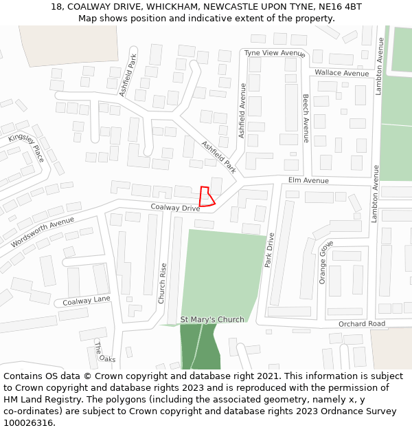 18, COALWAY DRIVE, WHICKHAM, NEWCASTLE UPON TYNE, NE16 4BT: Location map and indicative extent of plot