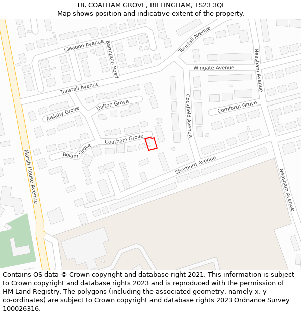 18, COATHAM GROVE, BILLINGHAM, TS23 3QF: Location map and indicative extent of plot