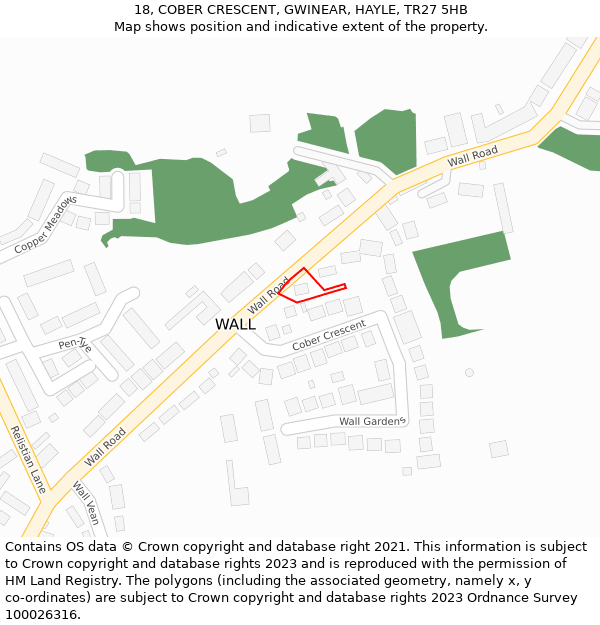 18, COBER CRESCENT, GWINEAR, HAYLE, TR27 5HB: Location map and indicative extent of plot