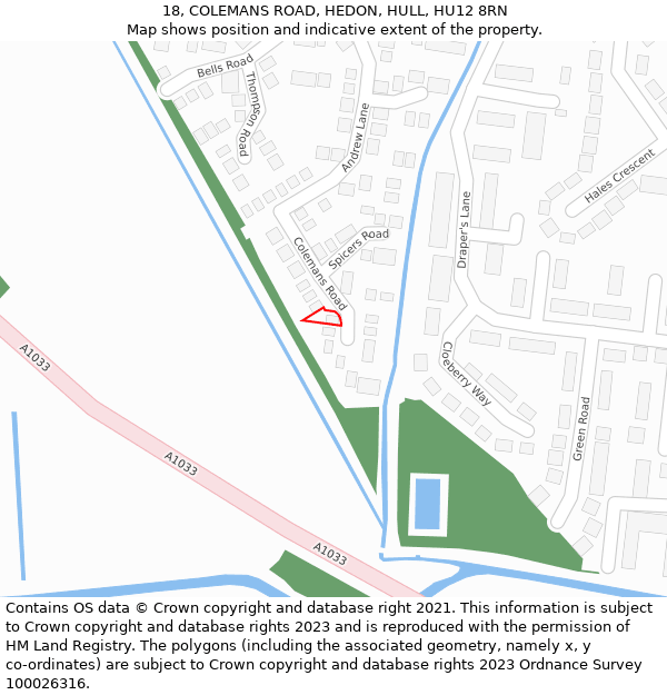 18, COLEMANS ROAD, HEDON, HULL, HU12 8RN: Location map and indicative extent of plot
