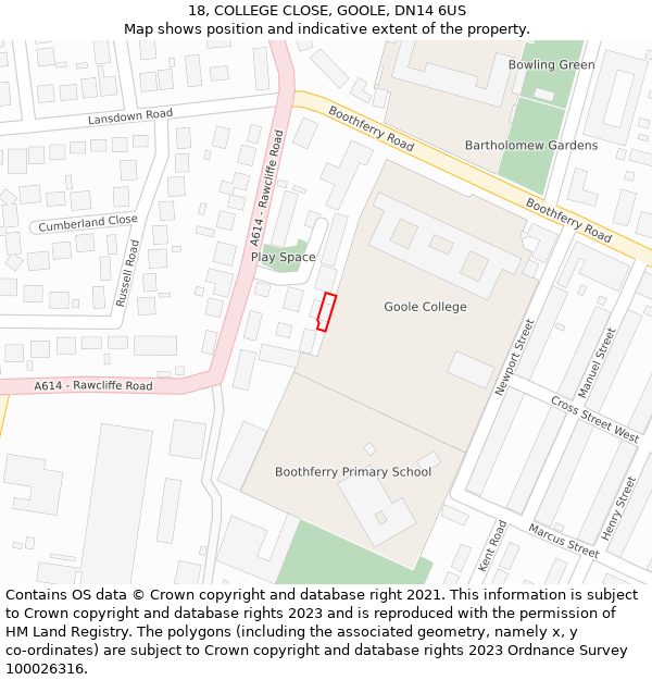 18, COLLEGE CLOSE, GOOLE, DN14 6US: Location map and indicative extent of plot