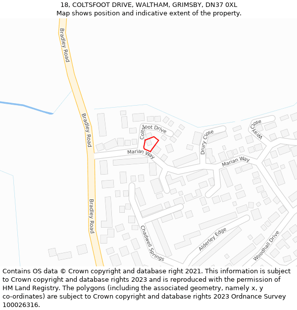 18, COLTSFOOT DRIVE, WALTHAM, GRIMSBY, DN37 0XL: Location map and indicative extent of plot