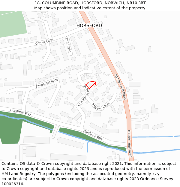 18, COLUMBINE ROAD, HORSFORD, NORWICH, NR10 3RT: Location map and indicative extent of plot