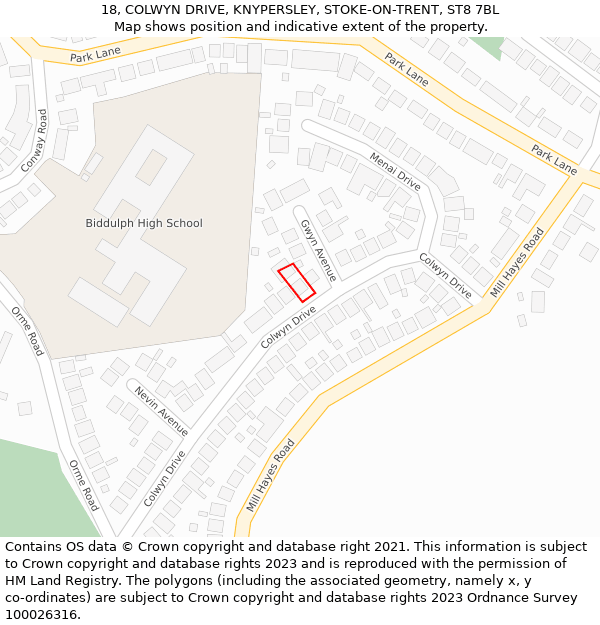 18, COLWYN DRIVE, KNYPERSLEY, STOKE-ON-TRENT, ST8 7BL: Location map and indicative extent of plot