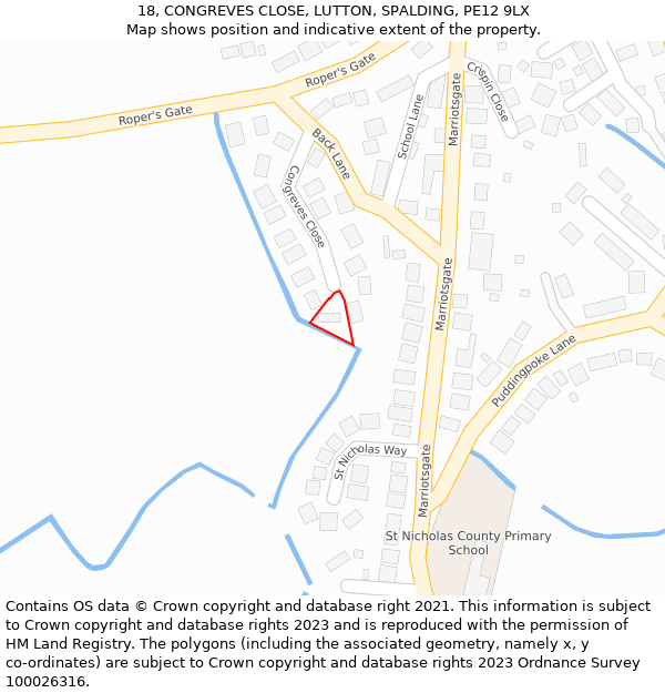 18, CONGREVES CLOSE, LUTTON, SPALDING, PE12 9LX: Location map and indicative extent of plot