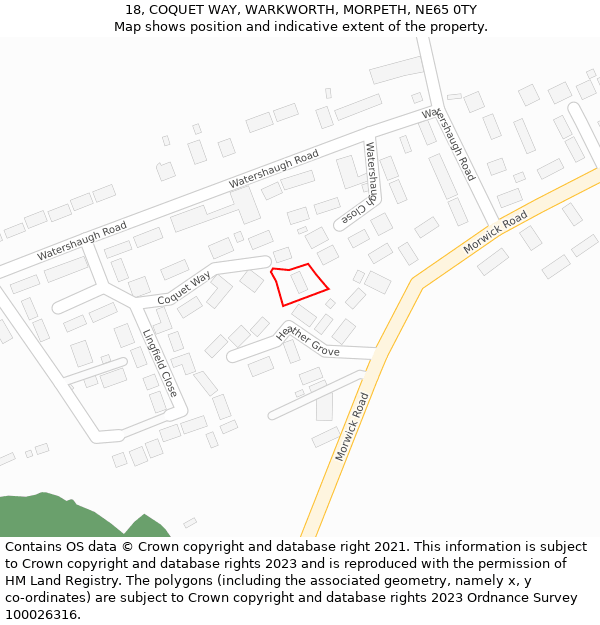 18, COQUET WAY, WARKWORTH, MORPETH, NE65 0TY: Location map and indicative extent of plot