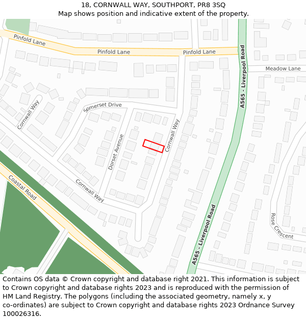 18, CORNWALL WAY, SOUTHPORT, PR8 3SQ: Location map and indicative extent of plot