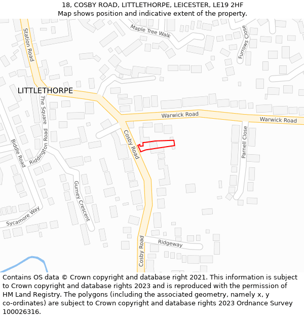 18, COSBY ROAD, LITTLETHORPE, LEICESTER, LE19 2HF: Location map and indicative extent of plot
