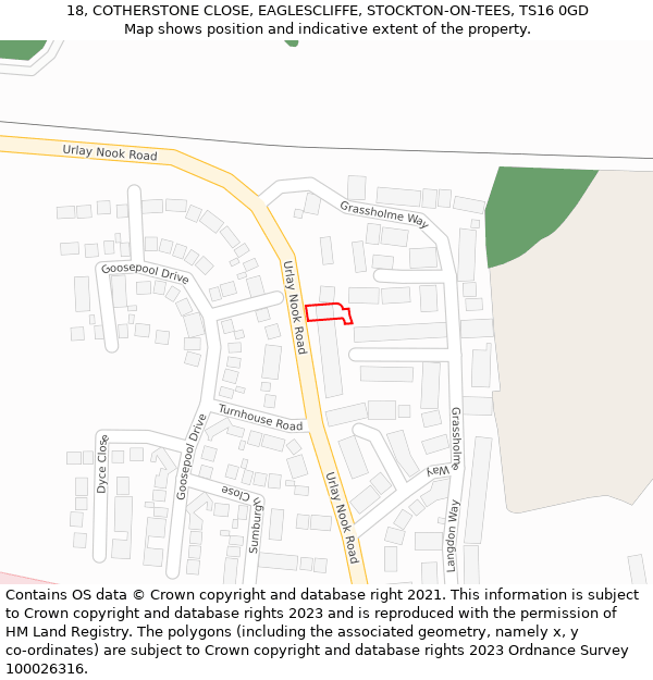 18, COTHERSTONE CLOSE, EAGLESCLIFFE, STOCKTON-ON-TEES, TS16 0GD: Location map and indicative extent of plot