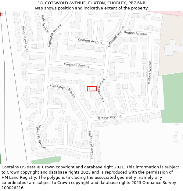 18, COTSWOLD AVENUE, EUXTON, CHORLEY, PR7 6NR: Location map and indicative extent of plot