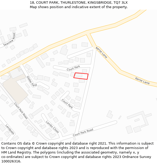 18, COURT PARK, THURLESTONE, KINGSBRIDGE, TQ7 3LX: Location map and indicative extent of plot