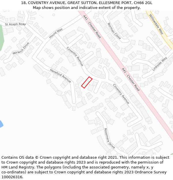 18, COVENTRY AVENUE, GREAT SUTTON, ELLESMERE PORT, CH66 2GL: Location map and indicative extent of plot