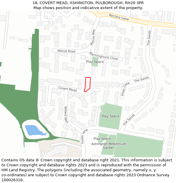 18, COVERT MEAD, ASHINGTON, PULBOROUGH, RH20 3PR: Location map and indicative extent of plot