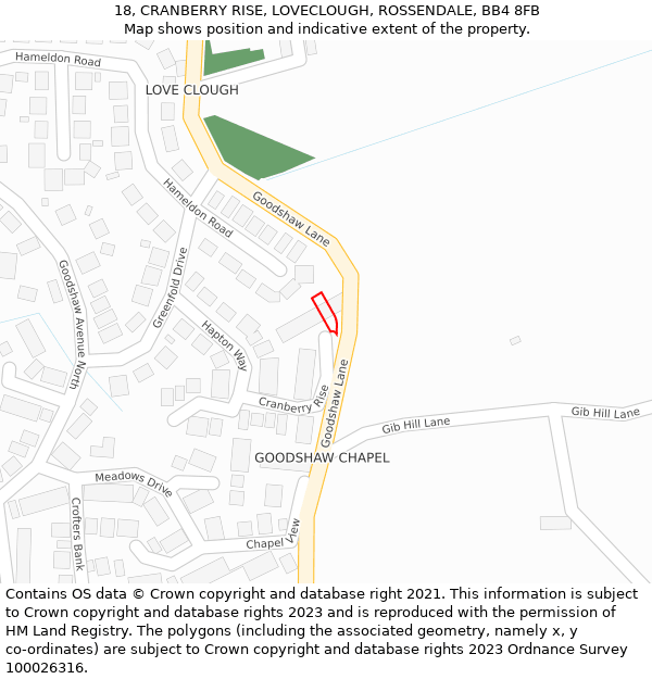 18, CRANBERRY RISE, LOVECLOUGH, ROSSENDALE, BB4 8FB: Location map and indicative extent of plot