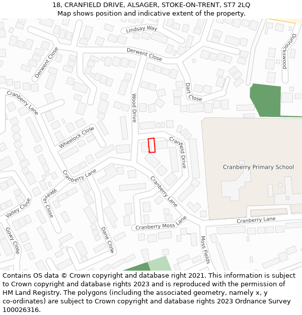 18, CRANFIELD DRIVE, ALSAGER, STOKE-ON-TRENT, ST7 2LQ: Location map and indicative extent of plot