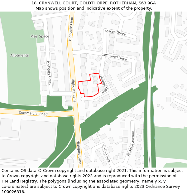 18, CRANWELL COURT, GOLDTHORPE, ROTHERHAM, S63 9GA: Location map and indicative extent of plot