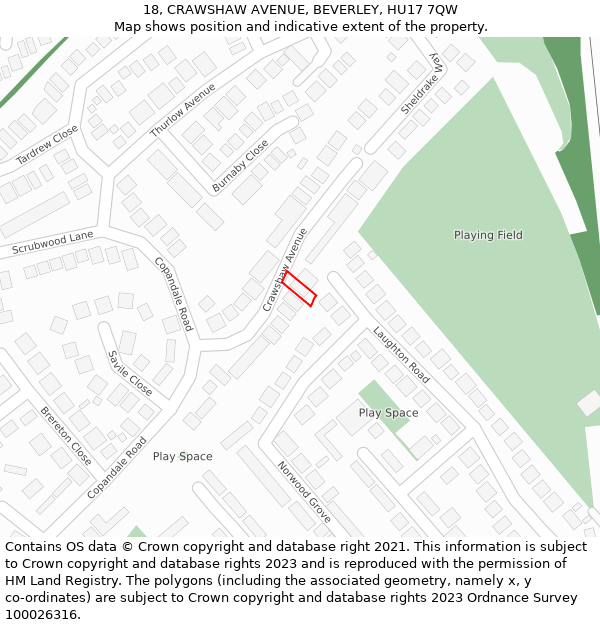 18, CRAWSHAW AVENUE, BEVERLEY, HU17 7QW: Location map and indicative extent of plot