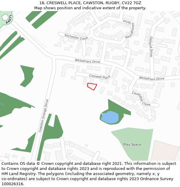 18, CRESWELL PLACE, CAWSTON, RUGBY, CV22 7GZ: Location map and indicative extent of plot