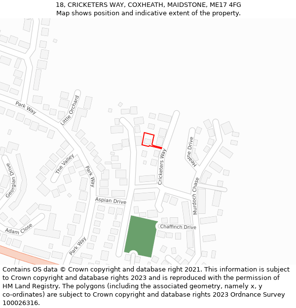 18, CRICKETERS WAY, COXHEATH, MAIDSTONE, ME17 4FG: Location map and indicative extent of plot