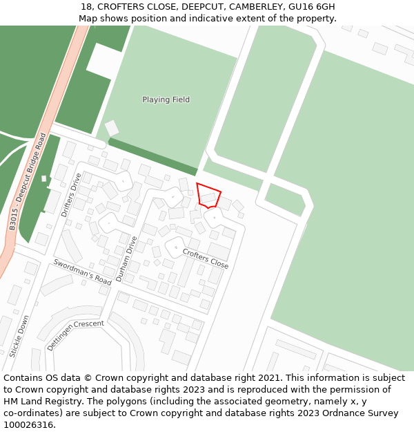 18, CROFTERS CLOSE, DEEPCUT, CAMBERLEY, GU16 6GH: Location map and indicative extent of plot