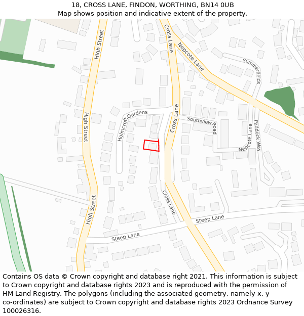 18, CROSS LANE, FINDON, WORTHING, BN14 0UB: Location map and indicative extent of plot