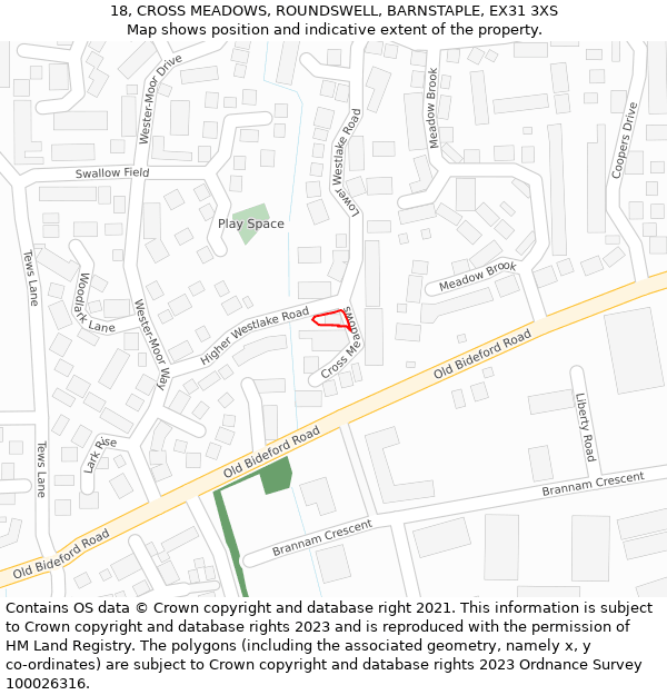 18, CROSS MEADOWS, ROUNDSWELL, BARNSTAPLE, EX31 3XS: Location map and indicative extent of plot