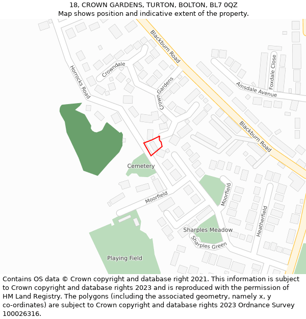18, CROWN GARDENS, TURTON, BOLTON, BL7 0QZ: Location map and indicative extent of plot