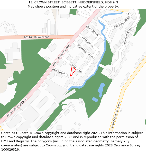 18, CROWN STREET, SCISSETT, HUDDERSFIELD, HD8 9JN: Location map and indicative extent of plot