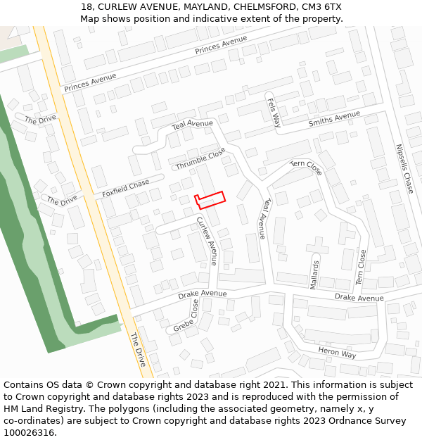 18, CURLEW AVENUE, MAYLAND, CHELMSFORD, CM3 6TX: Location map and indicative extent of plot