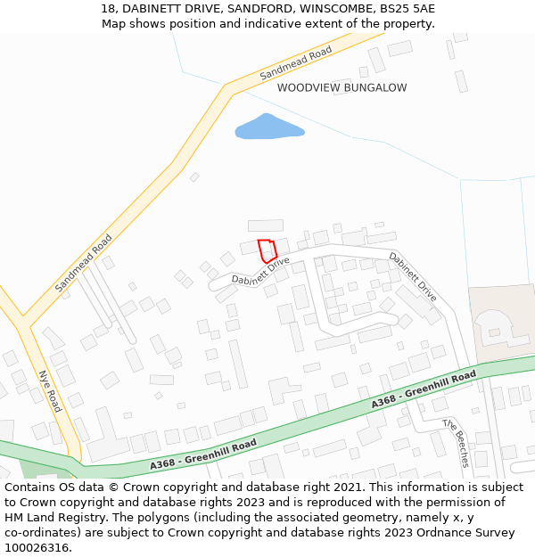 18, DABINETT DRIVE, SANDFORD, WINSCOMBE, BS25 5AE: Location map and indicative extent of plot