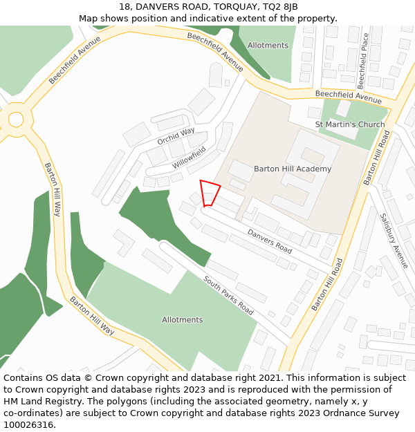 18, DANVERS ROAD, TORQUAY, TQ2 8JB: Location map and indicative extent of plot