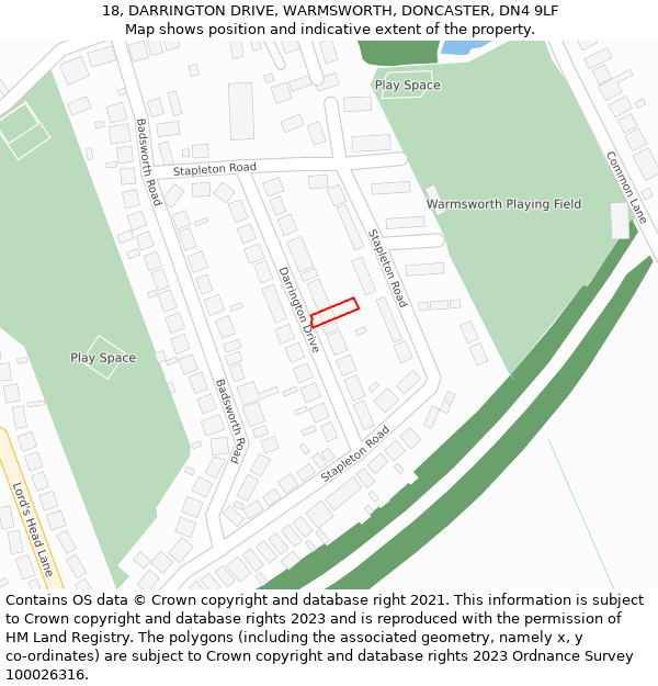 18, DARRINGTON DRIVE, WARMSWORTH, DONCASTER, DN4 9LF: Location map and indicative extent of plot