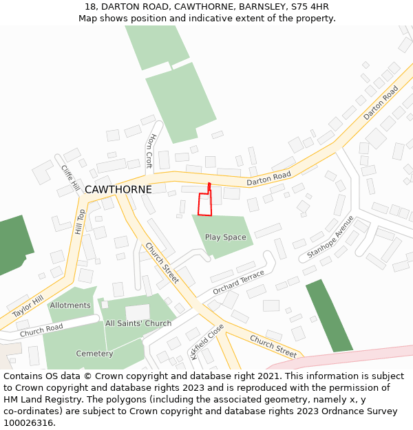 18, DARTON ROAD, CAWTHORNE, BARNSLEY, S75 4HR: Location map and indicative extent of plot