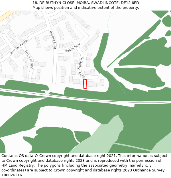 18, DE RUTHYN CLOSE, MOIRA, SWADLINCOTE, DE12 6ED: Location map and indicative extent of plot