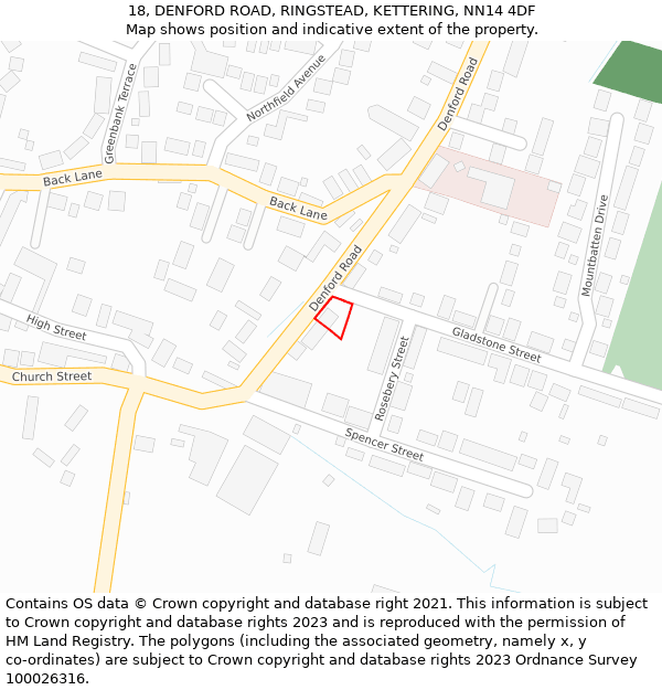 18, DENFORD ROAD, RINGSTEAD, KETTERING, NN14 4DF: Location map and indicative extent of plot