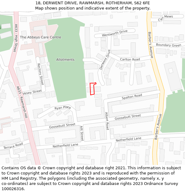 18, DERWENT DRIVE, RAWMARSH, ROTHERHAM, S62 6FE: Location map and indicative extent of plot