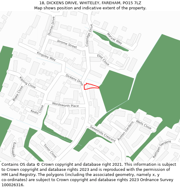 18, DICKENS DRIVE, WHITELEY, FAREHAM, PO15 7LZ: Location map and indicative extent of plot