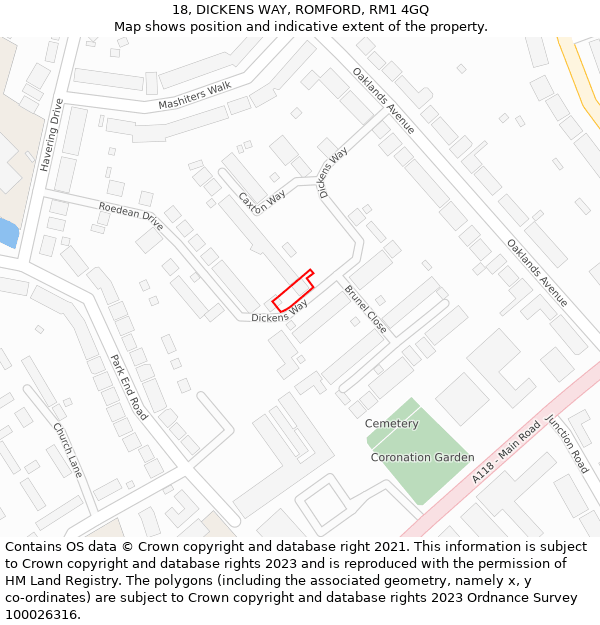 18, DICKENS WAY, ROMFORD, RM1 4GQ: Location map and indicative extent of plot