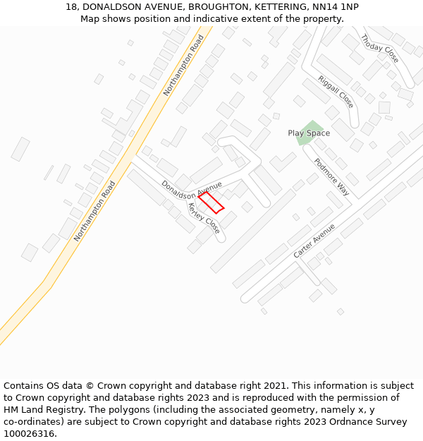 18, DONALDSON AVENUE, BROUGHTON, KETTERING, NN14 1NP: Location map and indicative extent of plot