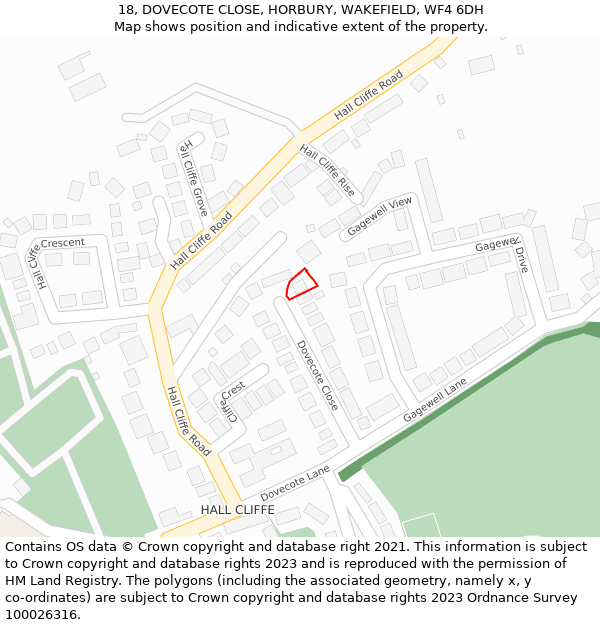 18, DOVECOTE CLOSE, HORBURY, WAKEFIELD, WF4 6DH: Location map and indicative extent of plot