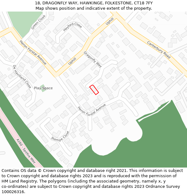 18, DRAGONFLY WAY, HAWKINGE, FOLKESTONE, CT18 7FY: Location map and indicative extent of plot