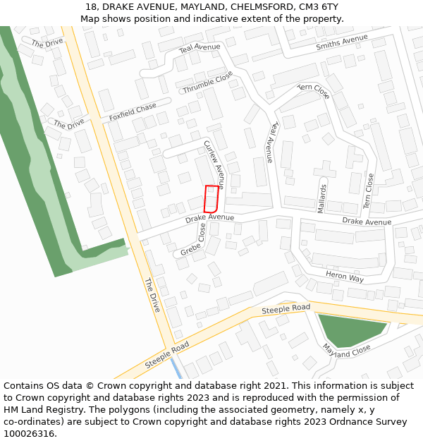 18, DRAKE AVENUE, MAYLAND, CHELMSFORD, CM3 6TY: Location map and indicative extent of plot