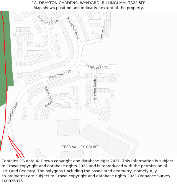 18, DRAYTON GARDENS, WYNYARD, BILLINGHAM, TS22 5FP: Location map and indicative extent of plot