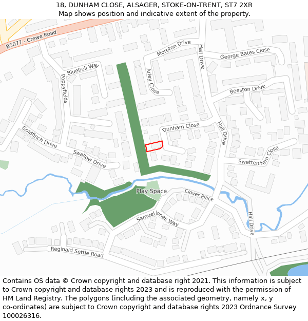 18, DUNHAM CLOSE, ALSAGER, STOKE-ON-TRENT, ST7 2XR: Location map and indicative extent of plot