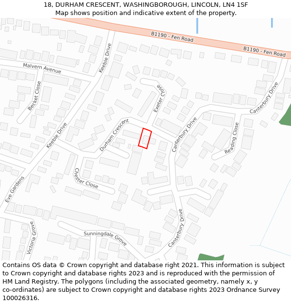18, DURHAM CRESCENT, WASHINGBOROUGH, LINCOLN, LN4 1SF: Location map and indicative extent of plot