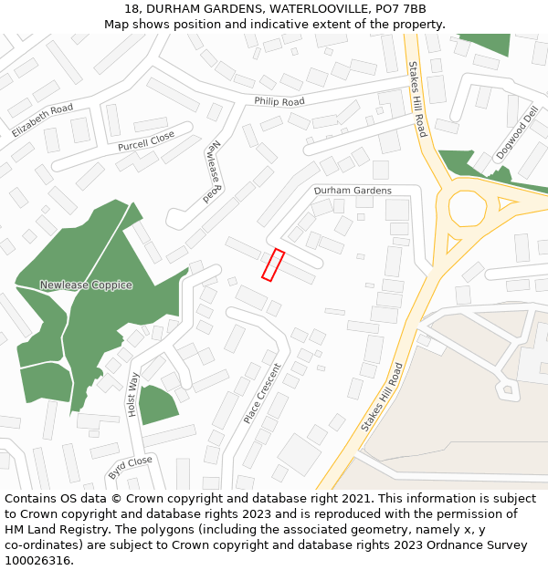 18, DURHAM GARDENS, WATERLOOVILLE, PO7 7BB: Location map and indicative extent of plot