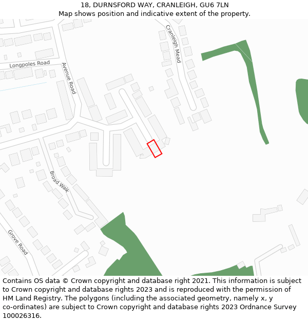 18, DURNSFORD WAY, CRANLEIGH, GU6 7LN: Location map and indicative extent of plot