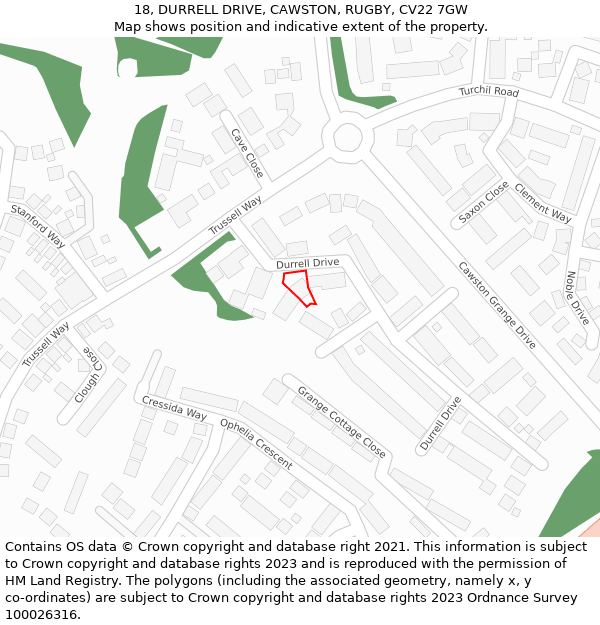 18, DURRELL DRIVE, CAWSTON, RUGBY, CV22 7GW: Location map and indicative extent of plot