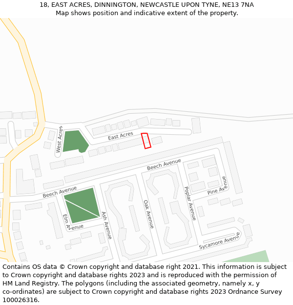 18, EAST ACRES, DINNINGTON, NEWCASTLE UPON TYNE, NE13 7NA: Location map and indicative extent of plot